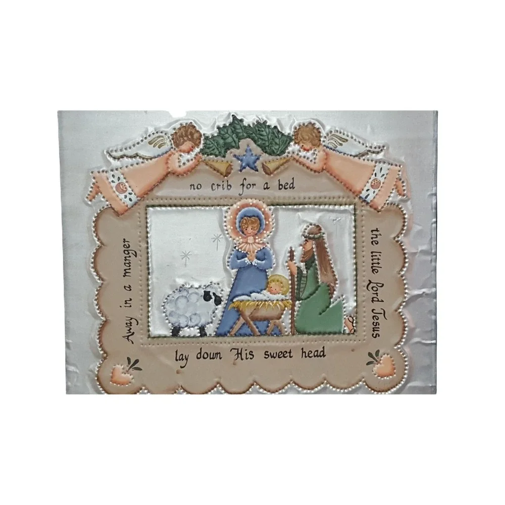 Jackie Hinderliter Nativity Folk Art Framed Embossed Metal Away In A Manger Blue